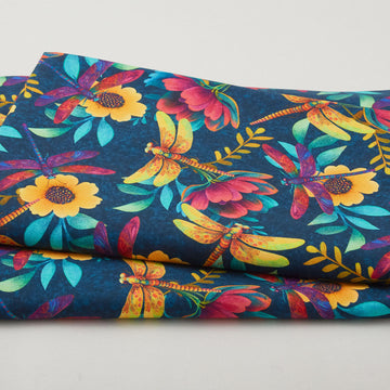 Luminous Haven - Dragonflies and Flowers Ocean Blue 2 Yard Cut