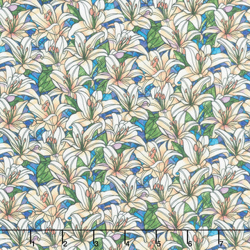 Faith in Full Color - Packed Lillies Turquoise White Yardage