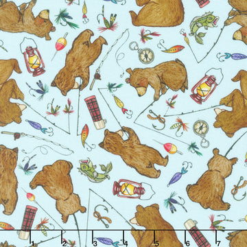 Happy Campers - Bears and Bobbers Light Blue Brown Yardage