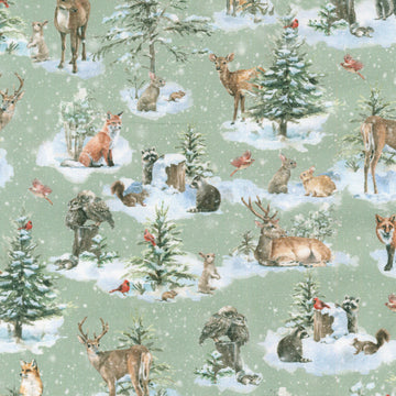 Woodland Whispers - Woodland Creature Allover Avocado Yardage