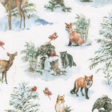 Woodland Whispers - Woodland Creature Allover White Yardage