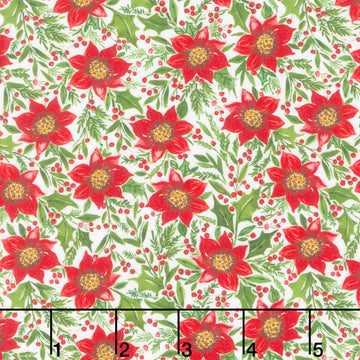 Snowy Greetings - Poinsettia and Holly White Yardage