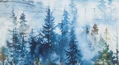 Cotton quilt fabric featuring eagles in the sky above mountains and a forest, in a blue and green palette.