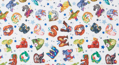Colorful letters and animals on a white background.
