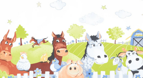A cute panel print from Barnyard Blues Fabric Collection featuring horses, pigs, and cows in a field. 