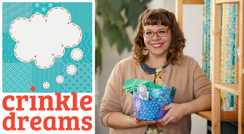 Teresa Coates of Crinkle Dreams smiles and holds her hexy bottom bag project.