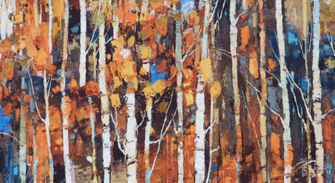 A forest of white, oil-painted birch trees atop brush strokes in shades of blue, brown, and gold - one of several fabric designs from the first snow fabric collection.