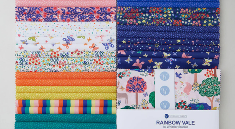a selection of vibrant prints from the rainbow vale fabric collection.
