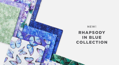 Shop precuts & yardage from the Rhapsody in Blue Fabric Collection while supplies last.