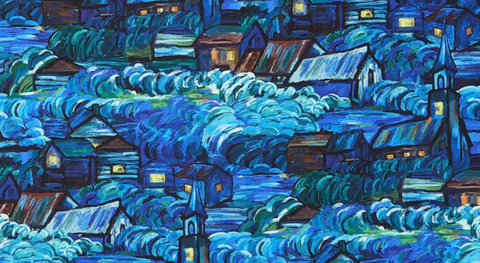 Cotton quilt fabric featuring scenes from the Starry Night painting in a blue palette.