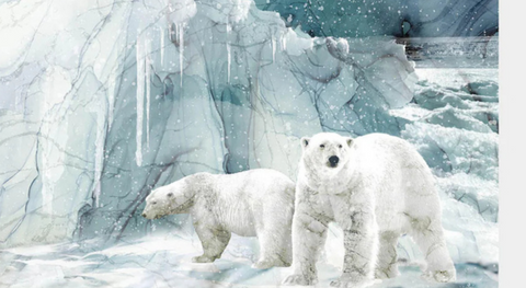 A quilt panel of two polar bears on a glacier from the Tundra Crossing fabric collection.