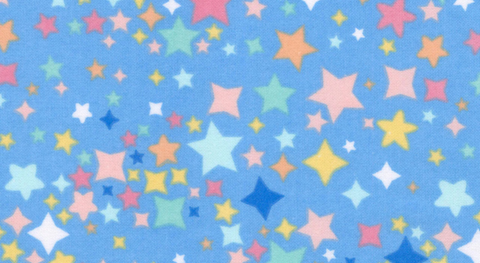 Yellow, blue, and pink stars on a blue background, one of many fabric prints from the Twinkle Comfort Flannel fabric collection.