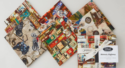 a selection of fat quarter fabric prints from the historic highway fabric collection.