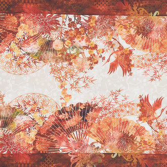 Oriental Gardens - Fan Border Stripe Red Digitally Printed Yardage