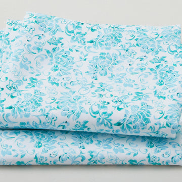 Blue Green Baroque Blossom Print - White 2 Yard Cut