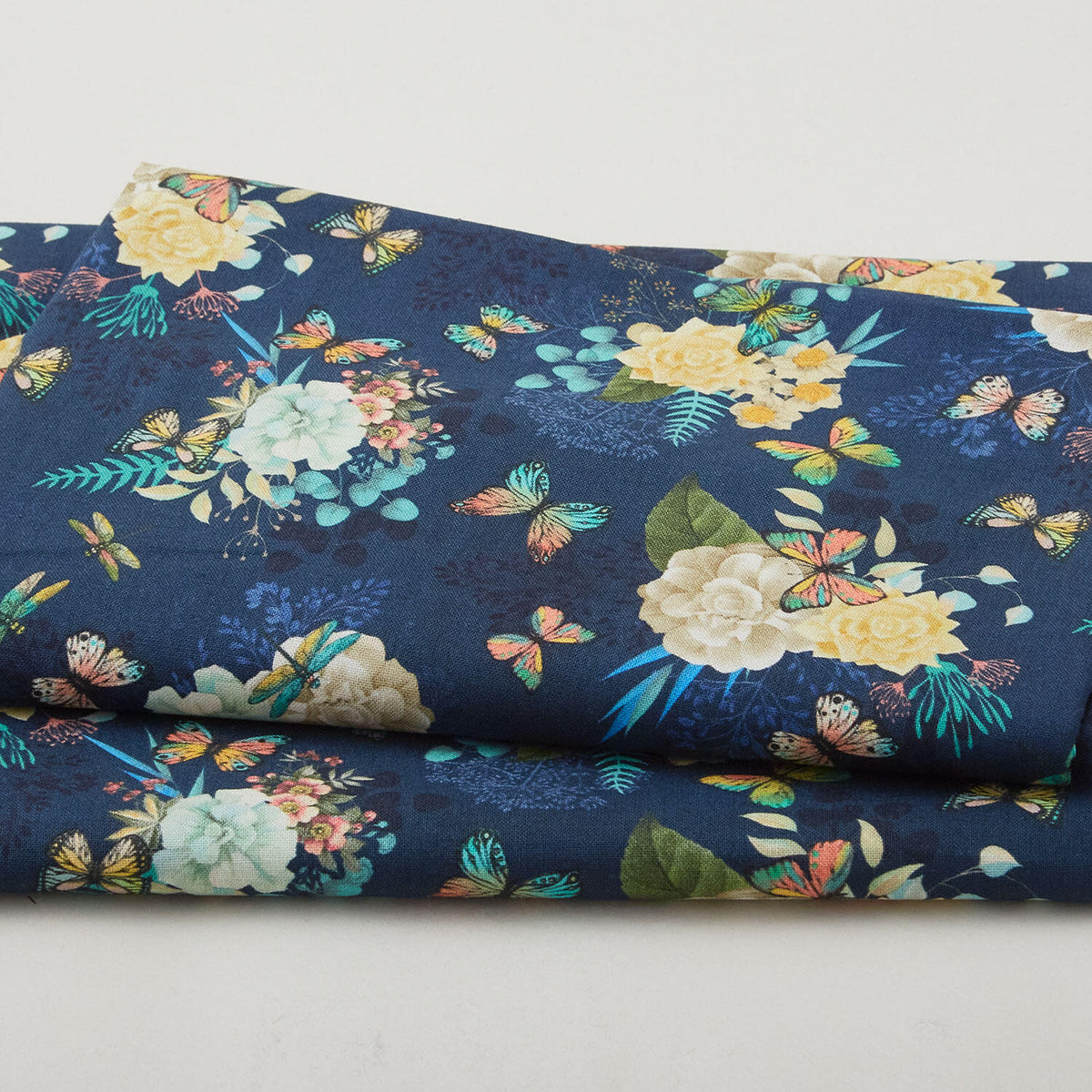 Birds & Blooms - Floral With Butterflies Navy Blue 2 Yard Cut