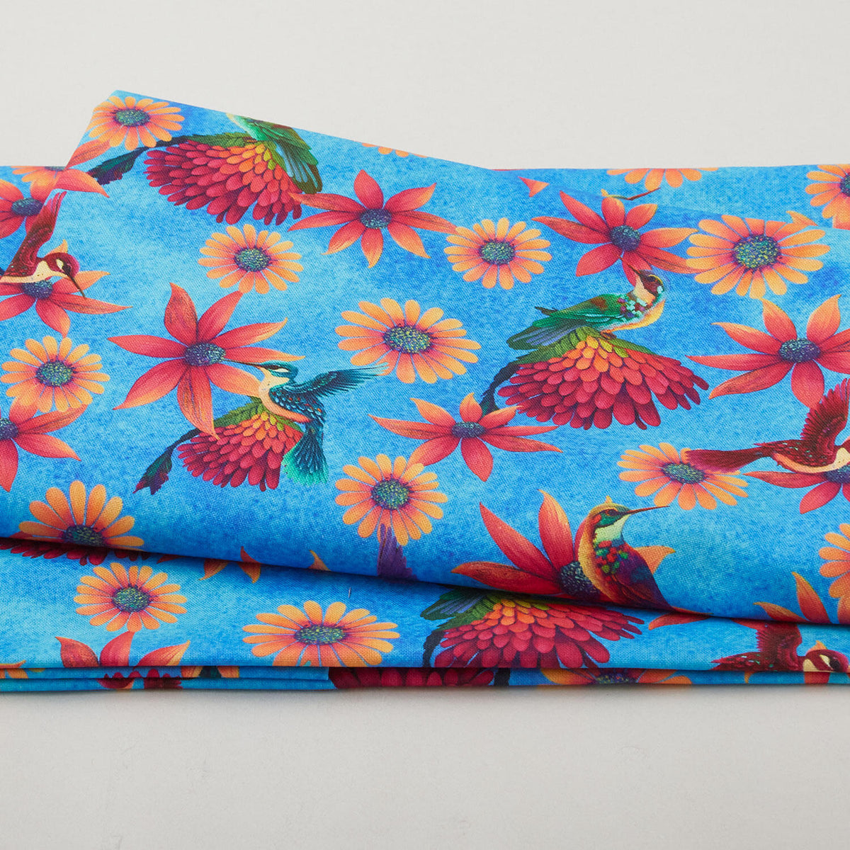 Luminous Haven - Hummingbirds and Flowers Bright Blue 2 Yard Cut