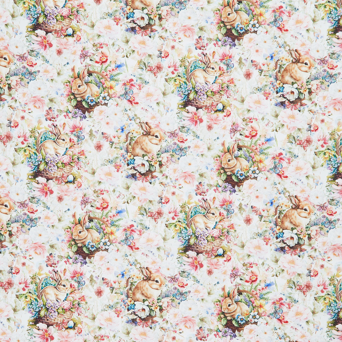 Basket Full of Blessings - Packed Floral and Bunnies White Yardage