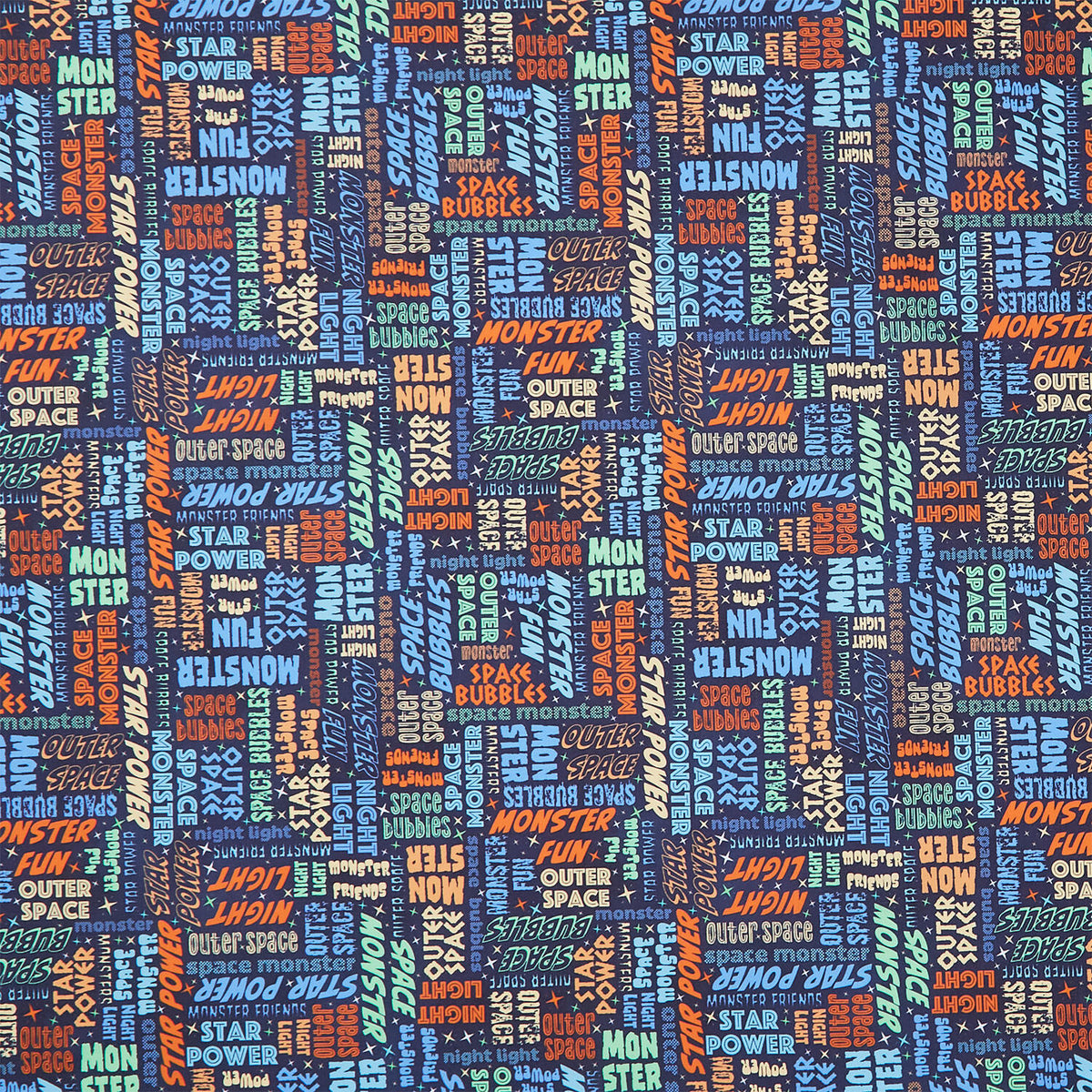 Space Monsters - Monster Words Dark Navy Yardage