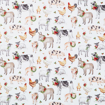 Barnyard Christmas - Animals White Multi Yardage