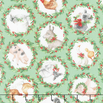 Barnyard Christmas - Animal Wreaths Green Multi Yardage