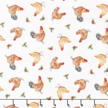 Barnyard Christmas - Chicken Toss White Multi Yardage