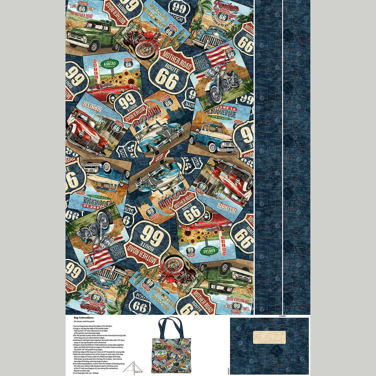 Historic Route 66 - Route 66 Scenic Tote Bag Navy Multi Panel