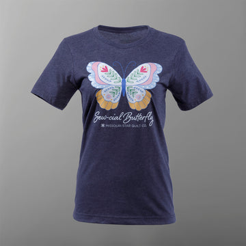 Missouri Star Sew-cial Butterfly T-shirt - Heather Midnight Navy