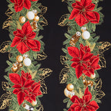 Holiday Flourish - Forest Glen Border Stripe Poinsettias Black Metallic Yardage