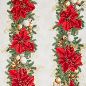 Holiday Flourish - Forest Glen Border Stripe Poinsettias Cream Metallic Yardage