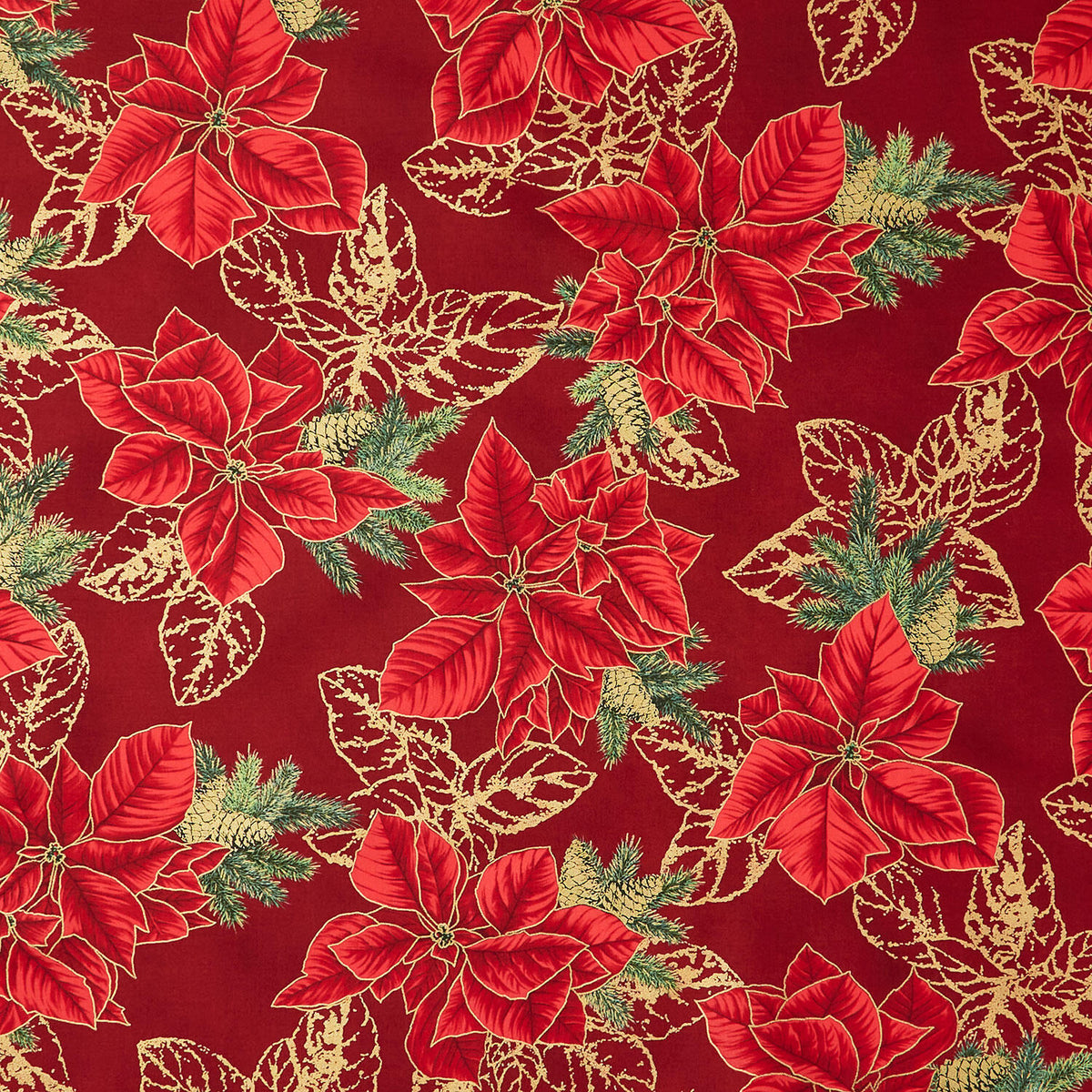 Holiday Flourish - Forest Glen Poinsettias Leaf Outlines Cranberry Metallic Yardage