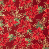 Holiday Flourish - Forest Glen Poinsettias Leaf Outlines Cranberry Metallic Yardage
