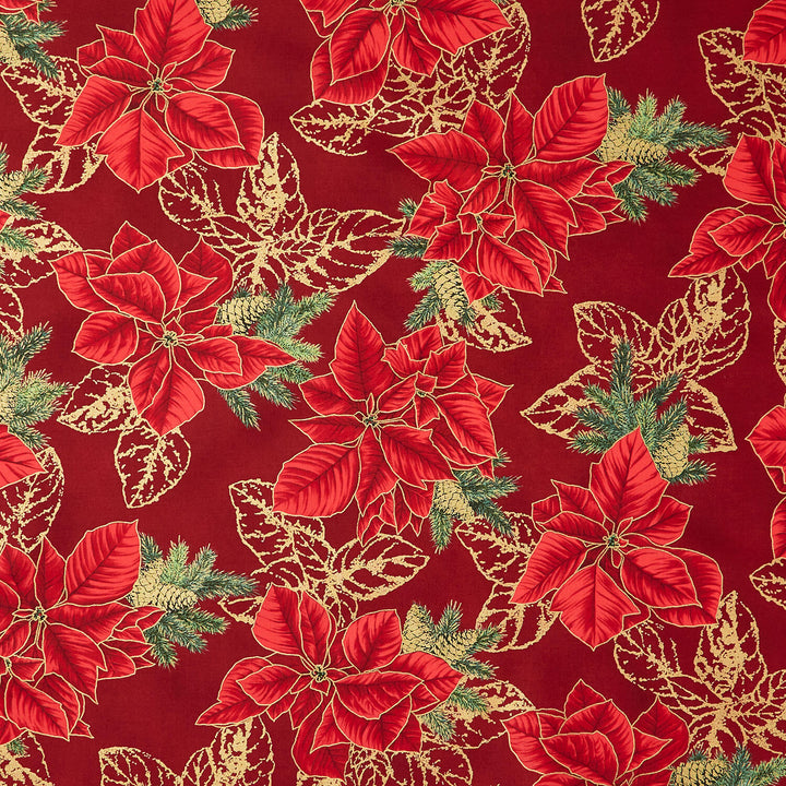 Holiday Flourish - Forest Glen Poinsettias Leaf Outlines Cranberry Metallic Yardage