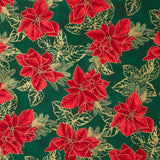 Holiday Flourish - Forest Glen Poinsettias Leaf Outlines Evergreen Metallic Yardage