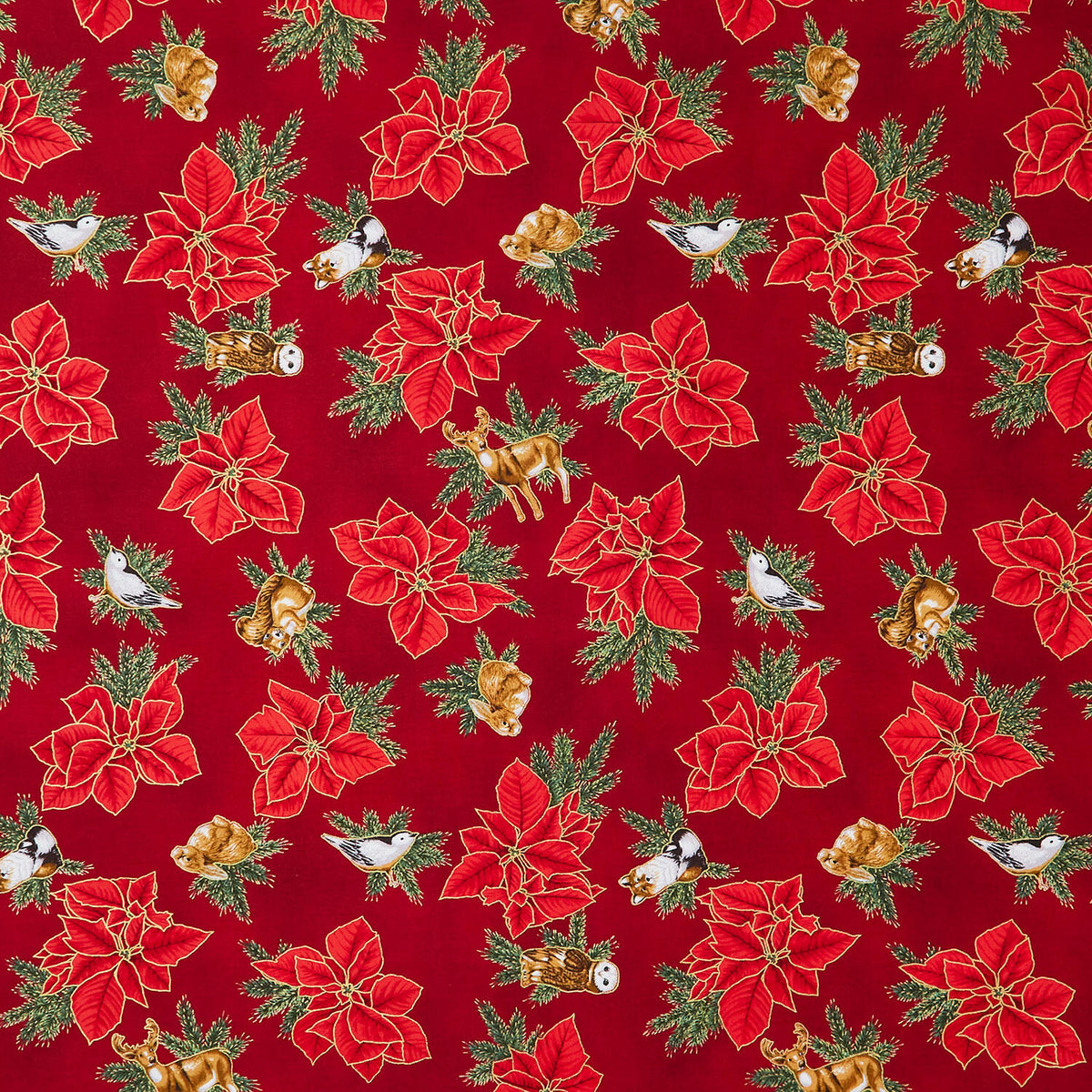 Holiday Flourish - Forest Glen Tossed Poinsettias Woodland Animals Cranberry Metallic Yardage