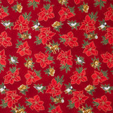 Holiday Flourish - Forest Glen Tossed Poinsettias Woodland Animals Cranberry Metallic Yardage