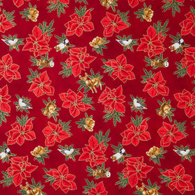 Holiday Flourish - Forest Glen Tossed Poinsettias Woodland Animals Cranberry Metallic Yardage