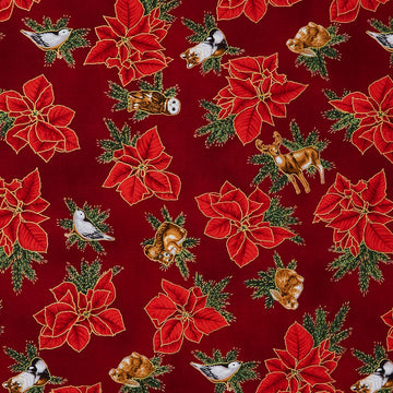 Holiday Flourish - Forest Glen Tossed Poinsettias Woodland Animals Cranberry Metallic Yardage