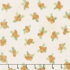 Holiday Flourish - Forest Glen Pinecones Pine Sprig Laurels Cream Metallic Yardage
