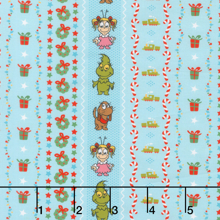 Little Grinch - Christmas Motif Stripe Max Grinch Cindy Lou Blue Yardage
