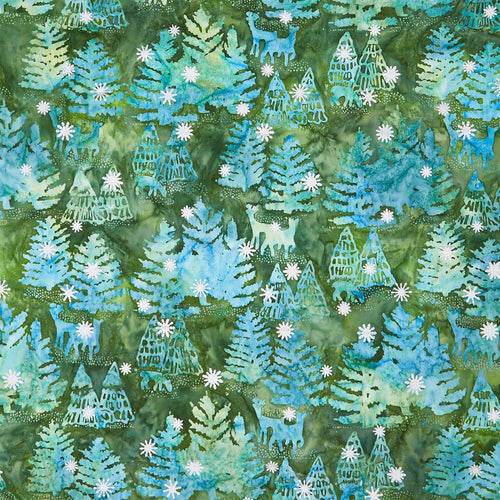 Artisan Batiks - Evergreen Ice Trees Deer Evergreen Yardage