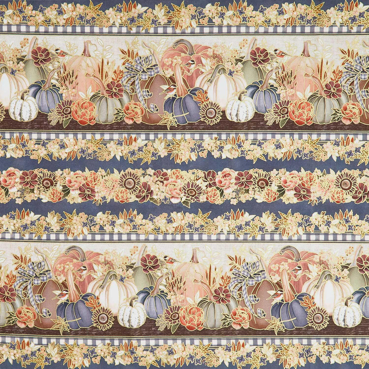 Hello Fall - Border Stripe, Florals, Pumpkins Denim Metallic Yardage