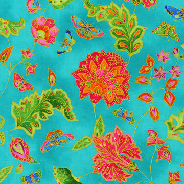 Parvaneh's Butterflies - Turquoise Metallic Yardage