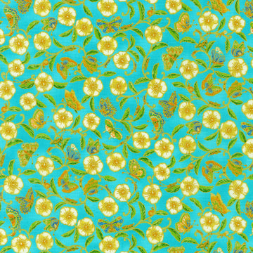 Parvaneh's Butterflies - Flowers Aqua Metallic Yardage