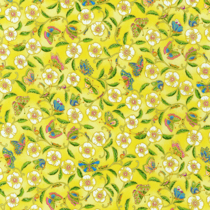 Parvaneh's Butterflies - White Flowers Buttercup Metallic Yardage