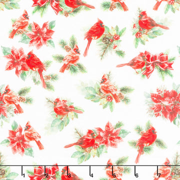Feathered Festivities - Cardinals & Poinsettias White Yardage