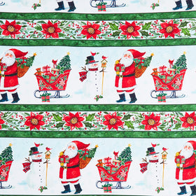 Snowy Greetings - Santa and Snowman Repeating Stripe Multi Yardage