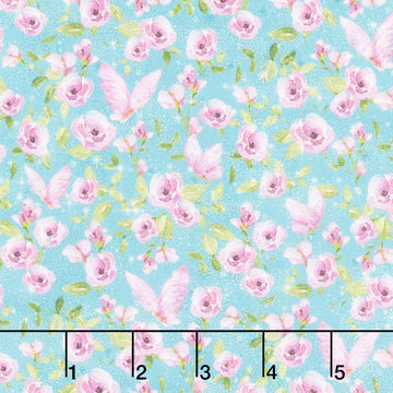Fairy Boutique - Flowers & Butterflies Teal/Purple Yardage