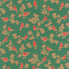 Holiday Charms - Birds Green Metallic Yardage Primary Image