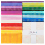 Tula Pink True Colors Tiny Coordinates 10" squares fanned out in rainbow order, pink and purple to green and blue dots and stripes